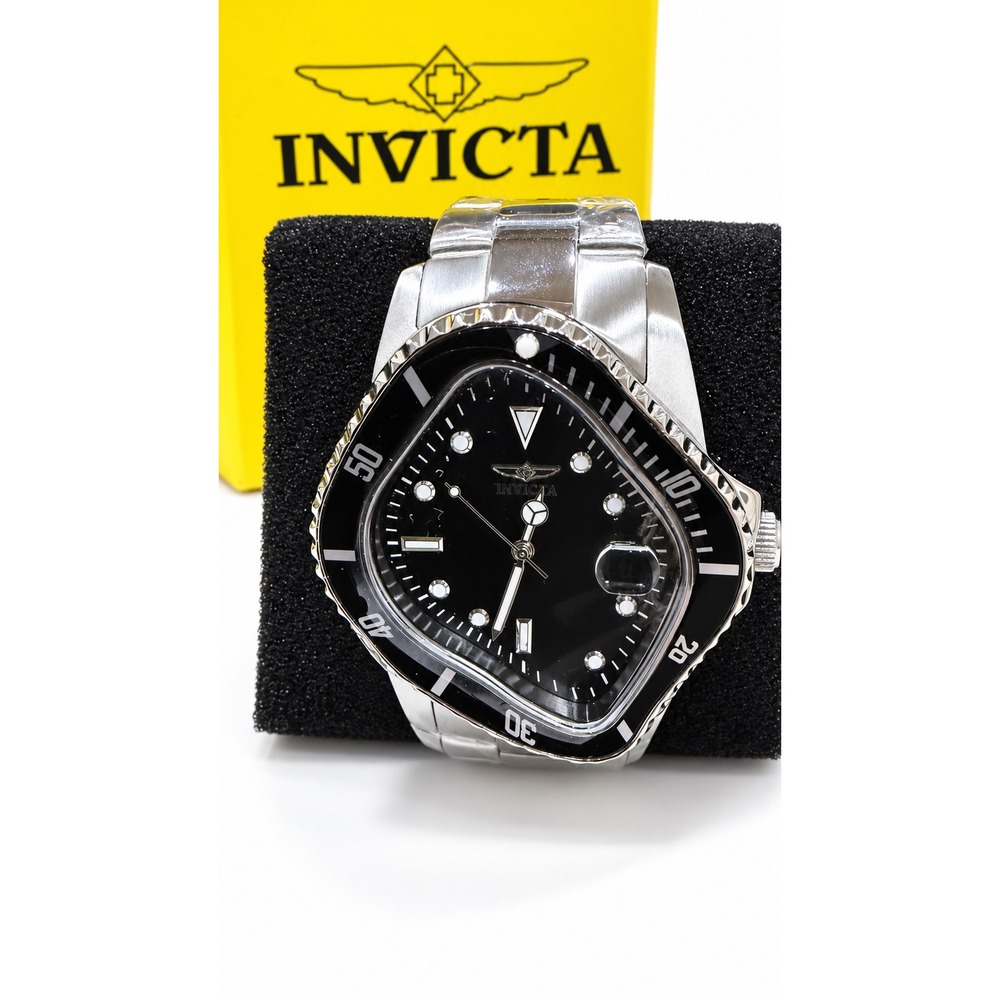 Invicta Mens Pro Diver Asymmetrical Warped Case Black Dial Watch Silver Steel